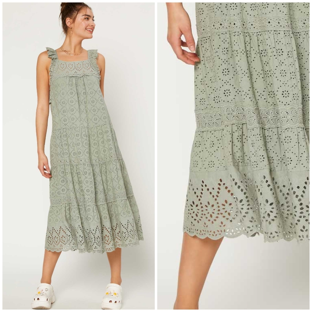 CURRENT AIR  Anthro Sage Green Eyelet Midi Dress - Picture 6 of 7